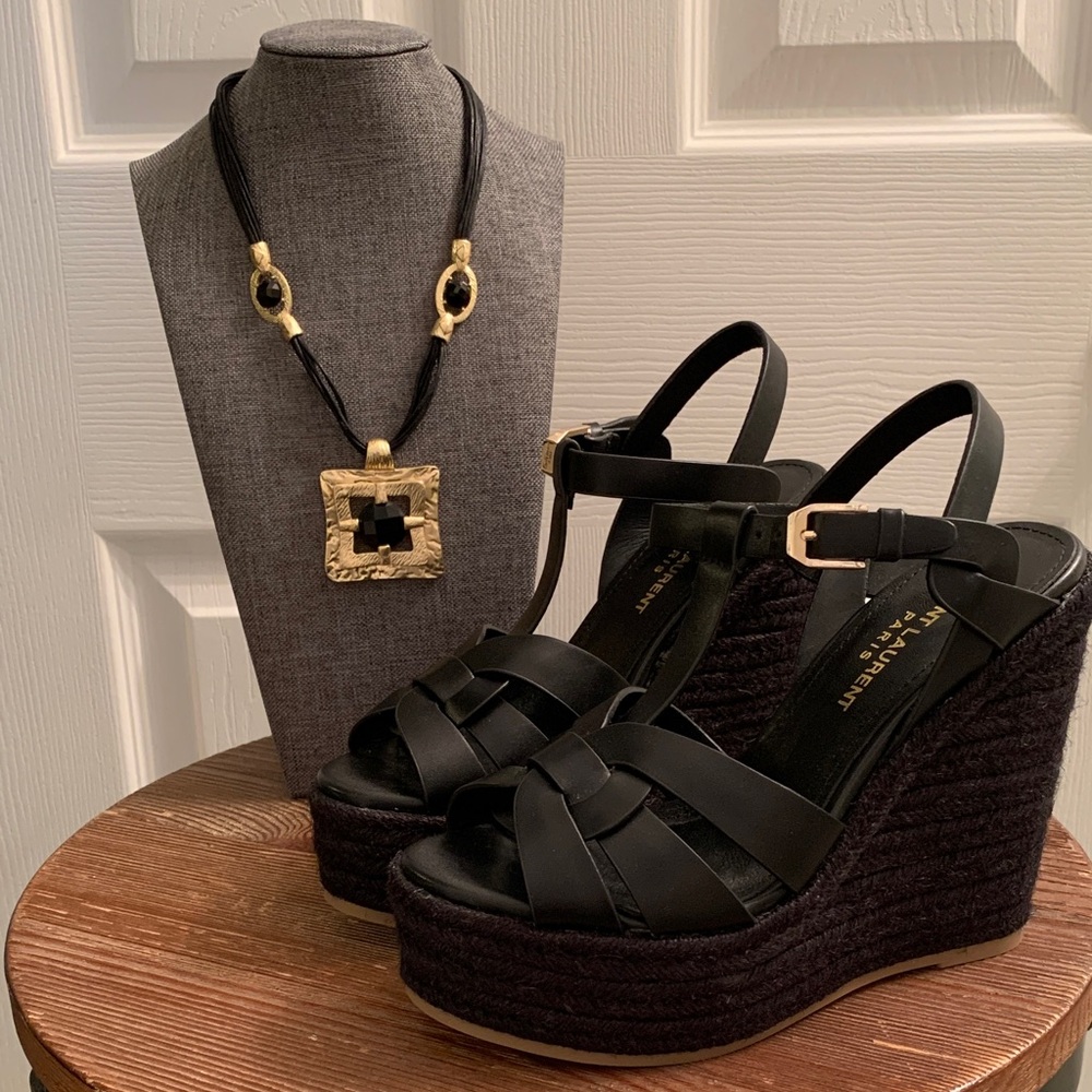 Yves Saint Laurent Black Wedge Sandals With Cute Matching Necklace.